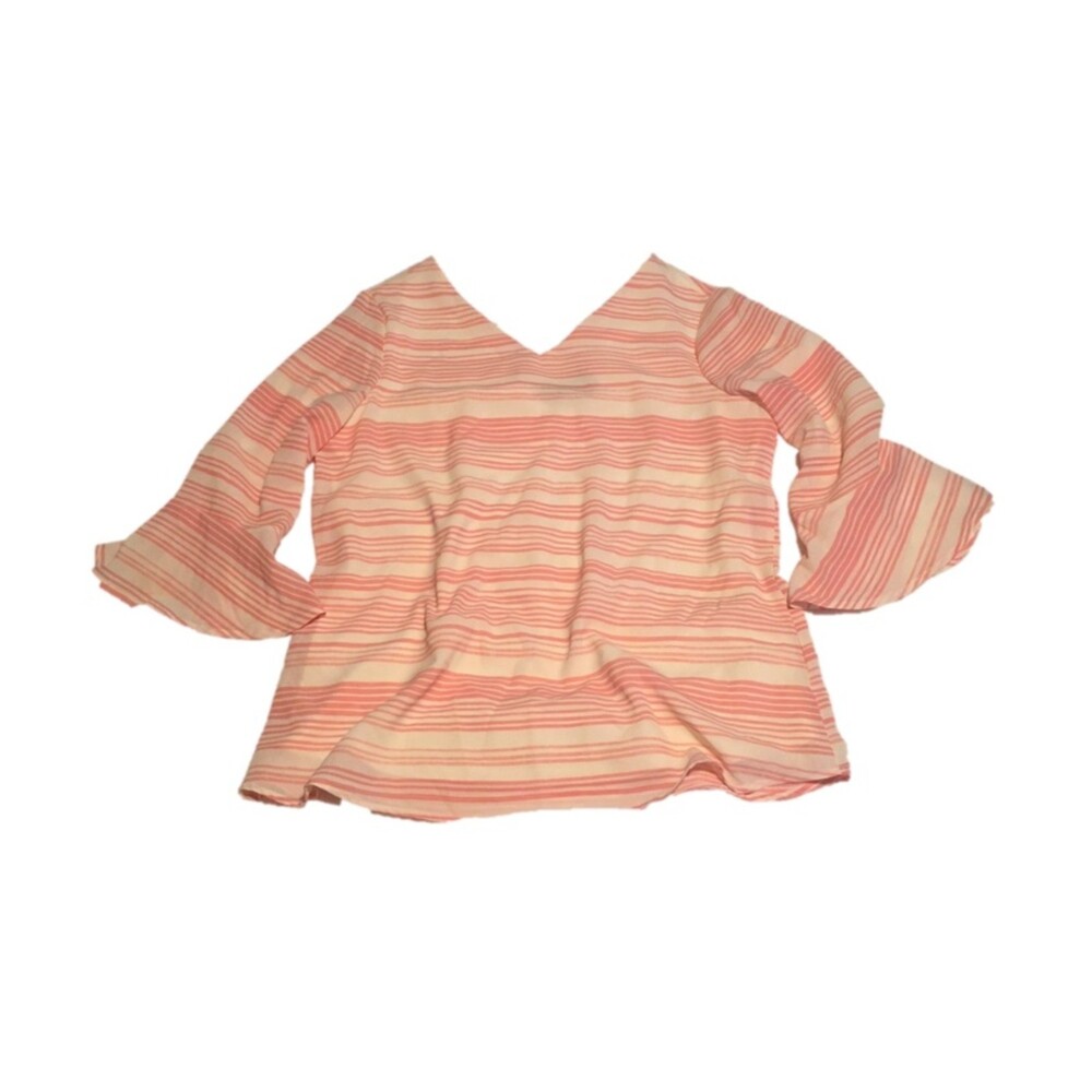 New directions top Womens Small pink cream stripe keyhole 3/4 flutter sleeve